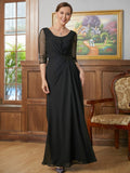 Black Chiffon A-Line Floor-Length Evening Dress with Draped Bodice & Beaded Waist