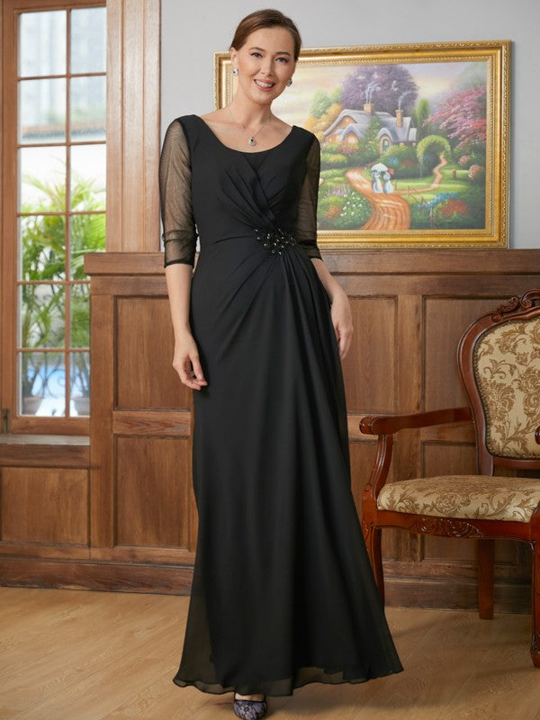 Black Chiffon A-Line Floor-Length Evening Dress with Draped Bodice & Beaded Waist