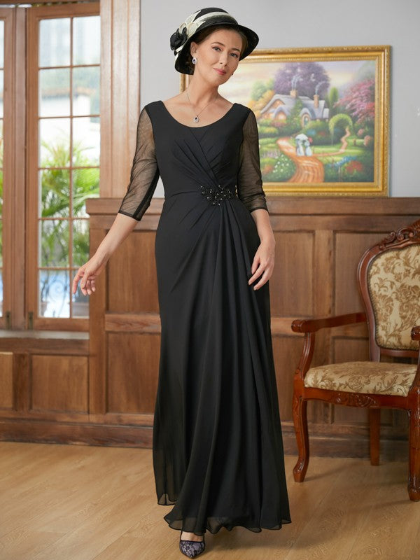 Black Chiffon A-Line Floor-Length Evening Dress with Draped Bodice & Beaded Waist