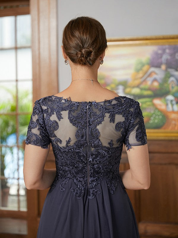 Vestidos para madre de la novia de corte A/princesa, de gasa, con apliques, escote en V, mangas cortas y largo hasta el suelo