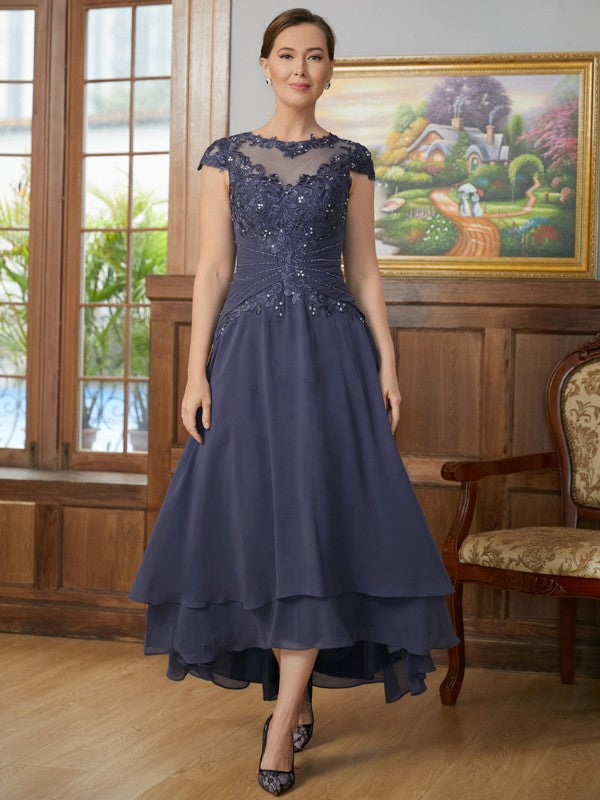 Dark Navy Chiffon A-Line Asymmetrical Bridesmaid Dress with Lace Illusion Neck