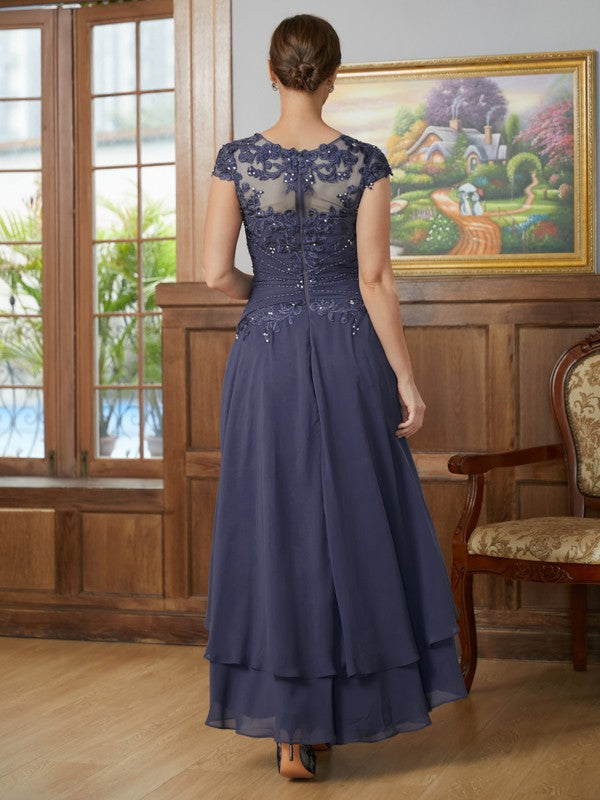 Dark Navy Chiffon A-Line Asymmetrical Bridesmaid Dress with Lace Illusion Neck