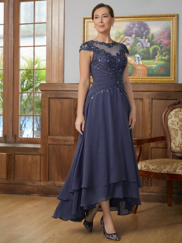 Dark Navy Chiffon A-Line Asymmetrical Bridesmaid Dress with Lace Illusion Neck