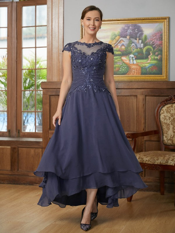 Dark Navy Chiffon A-Line Asymmetrical Bridesmaid Dress with Lace Illusion Neck