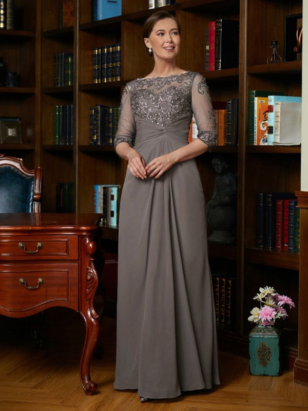 Grey Chiffon A-Line Floor-Length Mother of the Bride Dress with Embellished Boat Neck