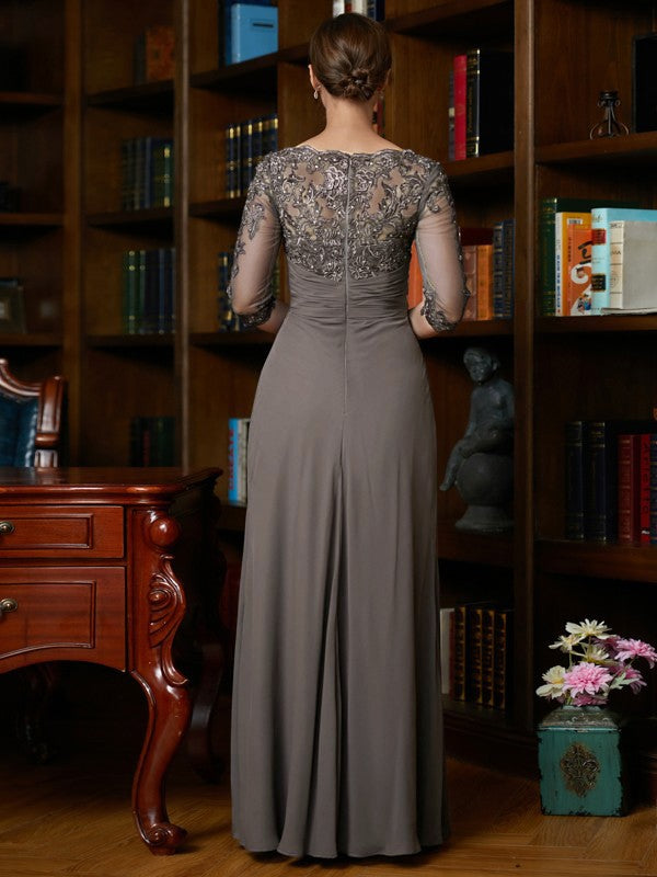 Grey Chiffon A-Line Floor-Length Mother of the Bride Dress with Embellished Boat Neck