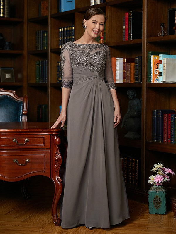 Grey Chiffon A-Line Floor-Length Mother of the Bride Dress with Embellished Boat Neck
