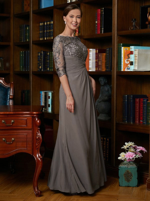 Grey Chiffon A-Line Floor-Length Mother of the Bride Dress with Embellished Boat Neck