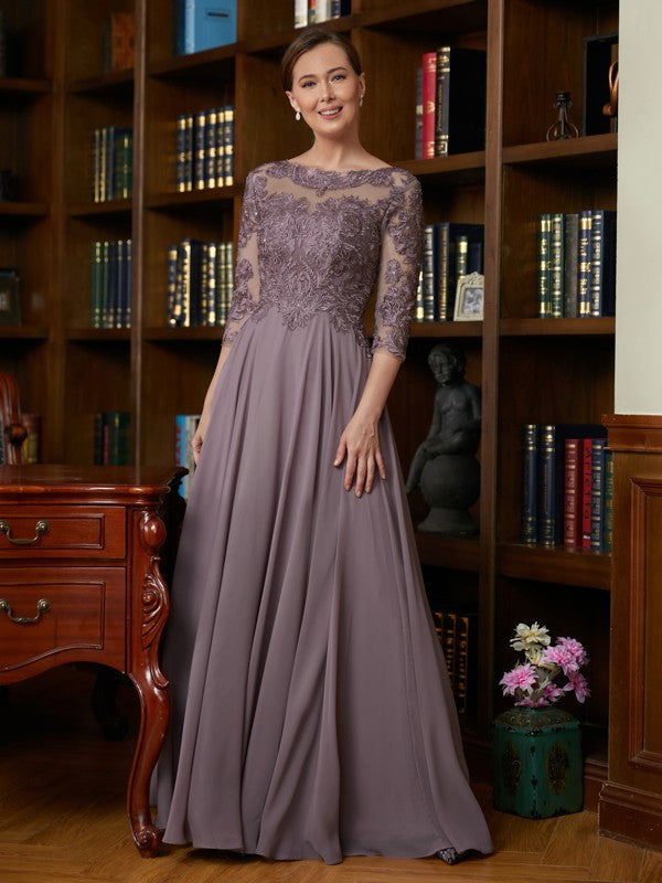 Mauve Lace A-Line Boat Neck Floor-Length Dress with Lace Bodice and Illusion Neckline