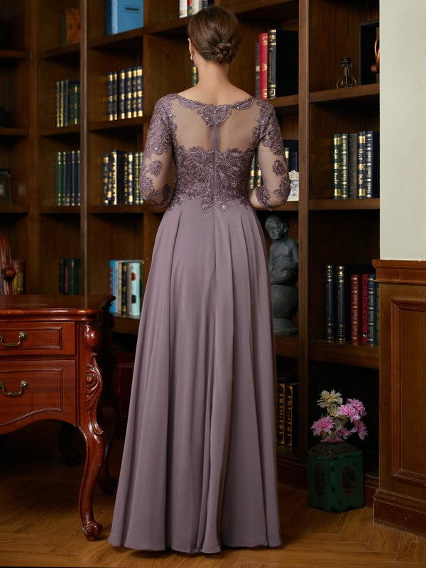 Mauve Lace A-Line Boat Neck Floor-Length Dress with Lace Bodice and Illusion Neckline