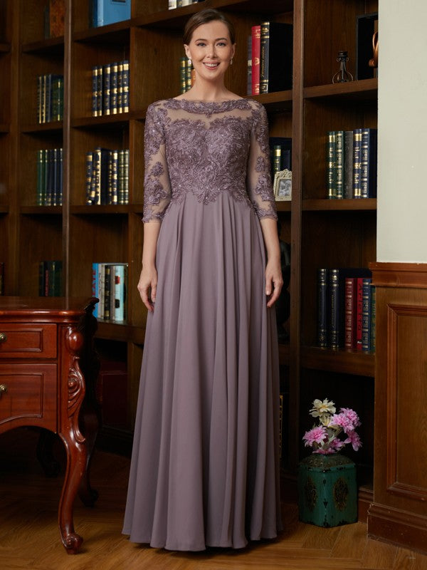 Abiti da sposa lunghi fino a terra, in chiffon, con maniche a 3/4, stile principessa/a trapezio e pizzo