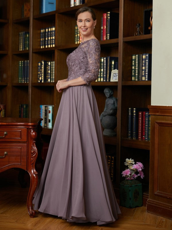 Mauve Lace A-Line Boat Neck Floor-Length Dress with Lace Bodice and Illusion Neckline