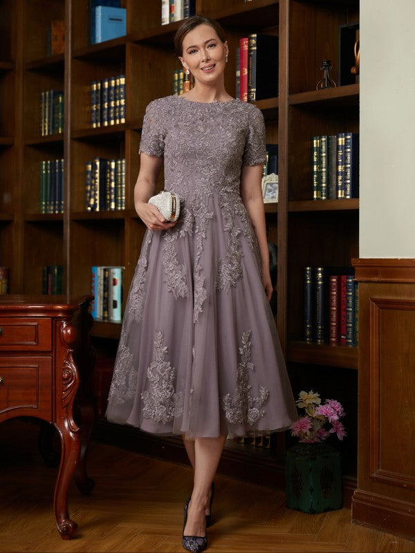 Lilac Lace A-Line Tea-Length Dress with Boat Neck and Intricate Lace Appliques