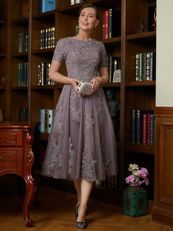 Lilac Lace A-Line Tea-Length Dress with Boat Neck and Intricate Lace Appliques