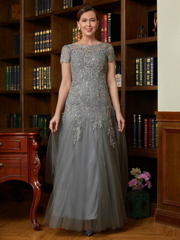Grey Lace & Tulle A-Line Floor-Length Dress with Boat Neck & Lace Overlay Sequin Embellishments