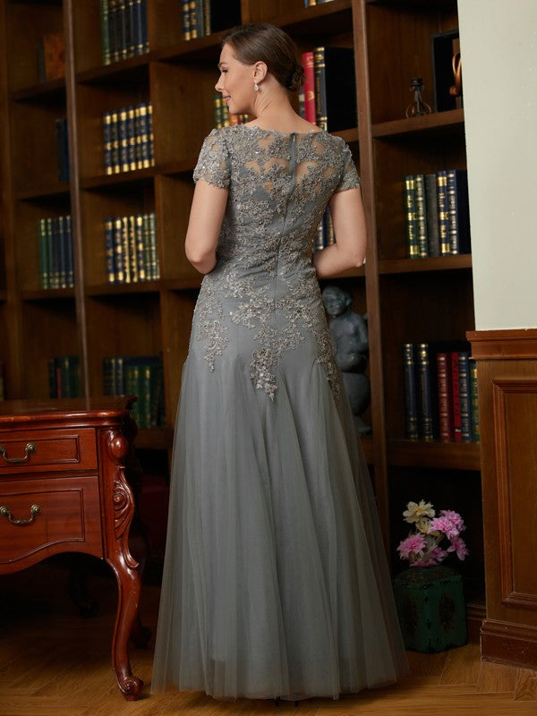 Grey Lace & Tulle A-Line Floor-Length Dress with Boat Neck & Lace Overlay Sequin Embellishments