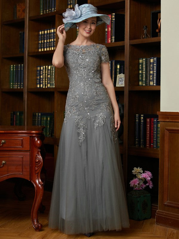 Grey Lace & Tulle A-Line Floor-Length Dress with Boat Neck & Lace Overlay Sequin Embellishments