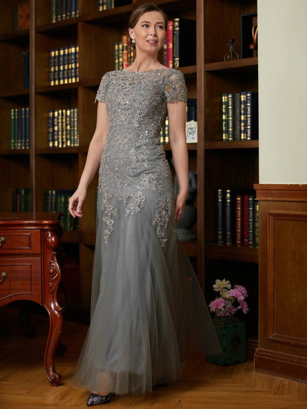 Grey Lace & Tulle A-Line Floor-Length Dress with Boat Neck & Lace Overlay Sequin Embellishments