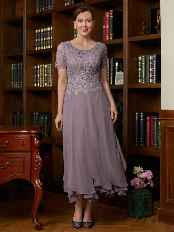 Lilac Lace Bodice Chiffon A-Line Tea-Length Evening Dress