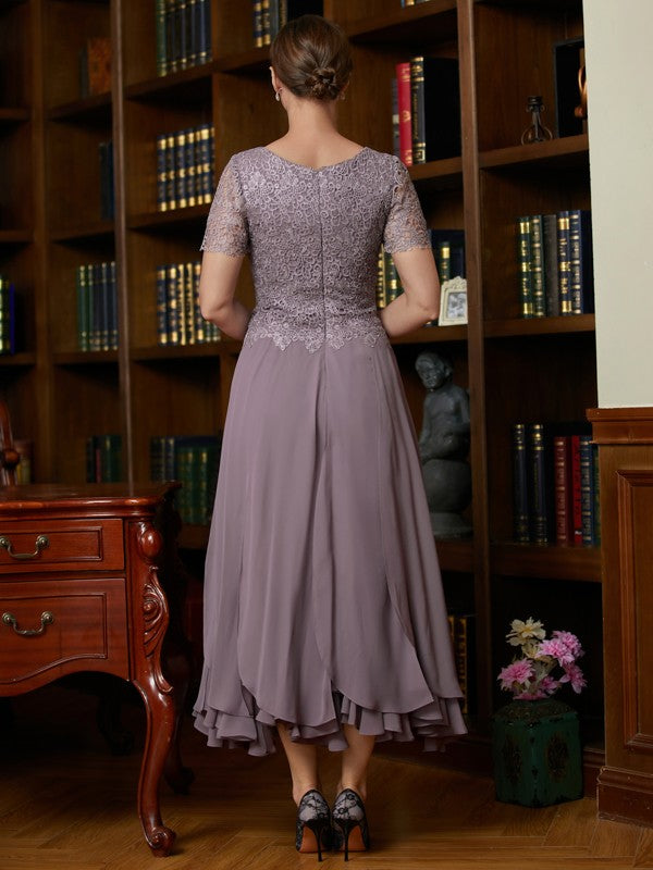 Lilac Lace Bodice Chiffon A-Line Tea-Length Evening Dress
