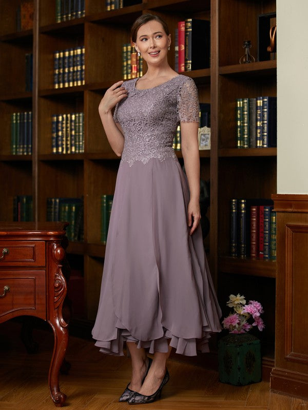 Lilac Lace Bodice Chiffon A-Line Tea-Length Evening Dress