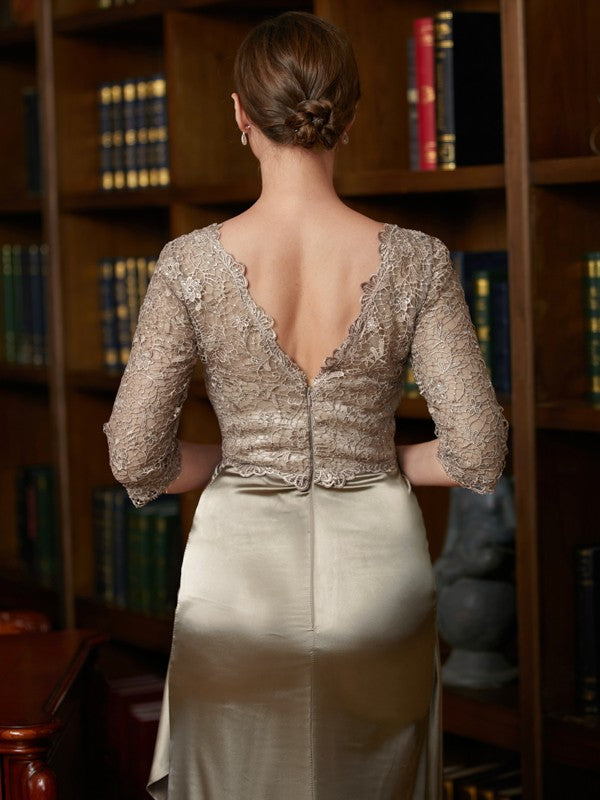 Vestidos para madre de la novia de corte A/princesa, satén con efecto seda, encaje, escote en V, mangas 3/4 y cola larga.