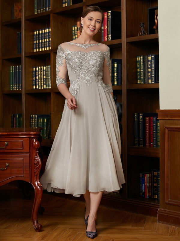Grey Chiffon A-Line Tea-Length Evening Dress with Illusion Neckline and Lace Appliqué