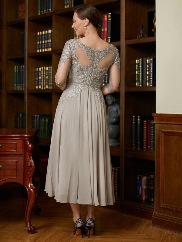Grey Chiffon A-Line Tea-Length Evening Dress with Illusion Neckline and Lace Appliqué