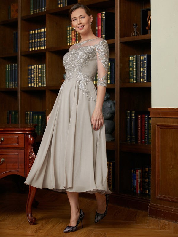 Grey Chiffon A-Line Tea-Length Evening Dress with Illusion Neckline and Lace Appliqué