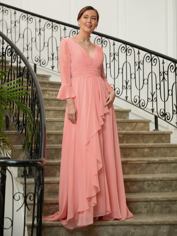 Blushing Pink Chiffon A-Line Floor-Length Bridesmaid Dress with Ruched Bodice