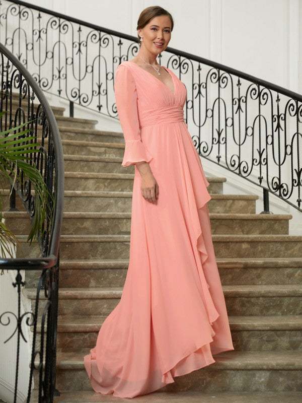 Blushing Pink Chiffon A-Line Floor-Length Bridesmaid Dress with Ruched Bodice