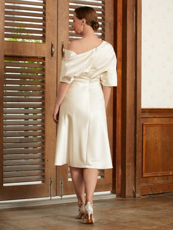 Champagne Satin A-Line Tea-Length Bridesmaid Dress with Off-the-Shoulder Neckline