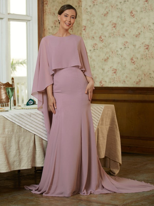 Dusty Rose Chiffon Mermaid Floor-Length Bridesmaid Dress with Cape Overlay and Scoop Neck