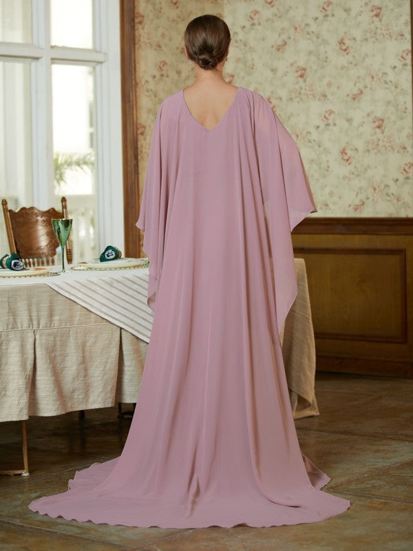 Dusty Rose Chiffon Mermaid Floor-Length Bridesmaid Dress with Cape Overlay and Scoop Neck