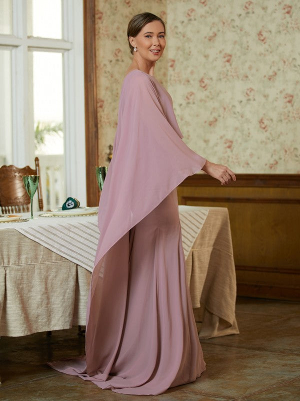 Dusty Rose Chiffon Mermaid Floor-Length Bridesmaid Dress with Cape Overlay and Scoop Neck