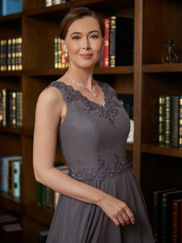 Vestidos para madre de la novia de corte A/princesa, de gasa, con apliques, escote en V, sin mangas y largo hasta los tobillos