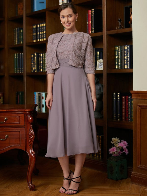 Mauve Lace Chiffon A-Line Tea-Length Dress with Jacket Overlay