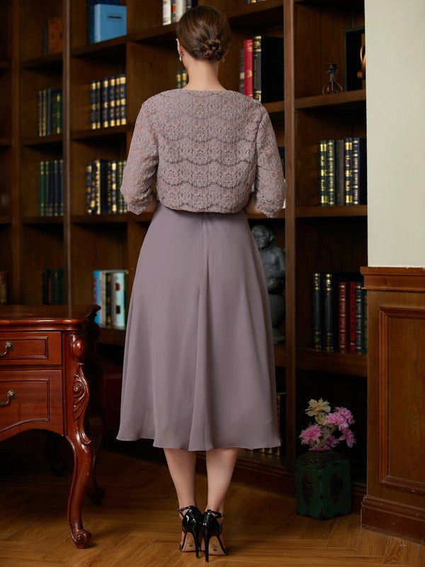 Mauve Lace Chiffon A-Line Tea-Length Dress with Jacket Overlay