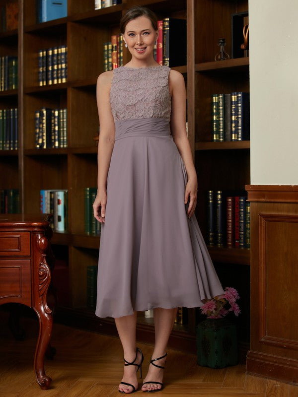 Mauve Lace Chiffon A-Line Tea-Length Dress with Jacket Overlay