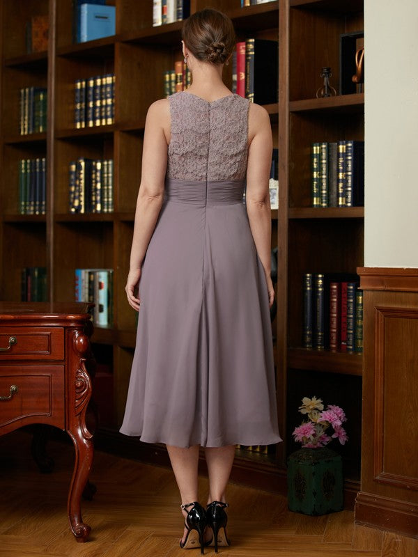 Mauve Lace Chiffon A-Line Tea-Length Dress with Jacket Overlay