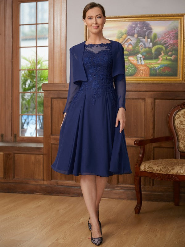 Abiti da sposa a trapezio/principessa in chiffon e pizzo, senza maniche, al ginocchio