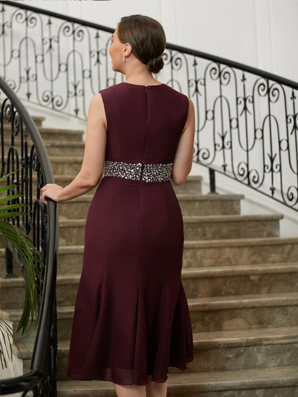 Vestidos para madre de la novia de gasa con cuentas, escote redondo, sin mangas, hasta la rodilla