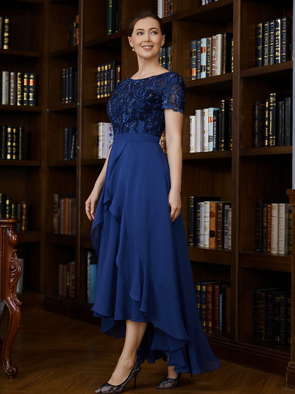 Vestidos de madre de la novia asimétricos de corte A/princesa, de gasa, con apliques y escote barco y mangas cortas