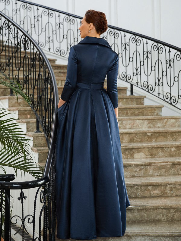 Vestidos de Madre de la Novia Asimétricos de Corte A/Princesa, Satén, Fruncido, Escote en V, Mangas Largas