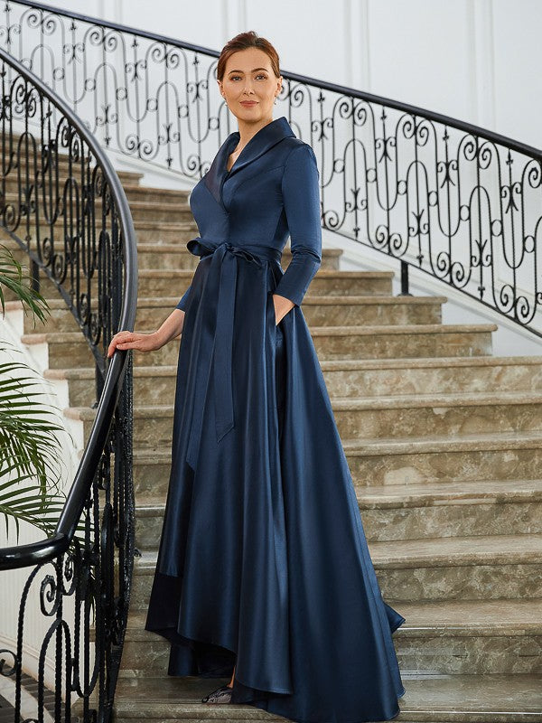 Vestidos de Madre de la Novia Asimétricos de Corte A/Princesa, Satén, Fruncido, Escote en V, Mangas Largas