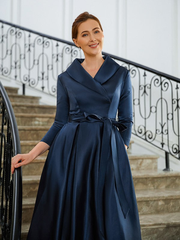 Vestidos de Madre de la Novia Asimétricos de Corte A/Princesa, Satén, Fruncido, Escote en V, Mangas Largas