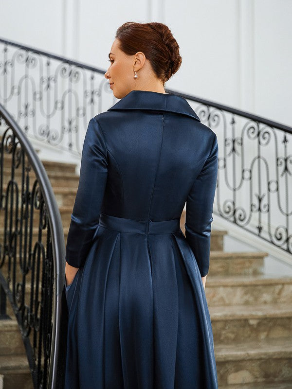 Vestidos de Madre de la Novia Asimétricos de Corte A/Princesa, Satén, Fruncido, Escote en V, Mangas Largas