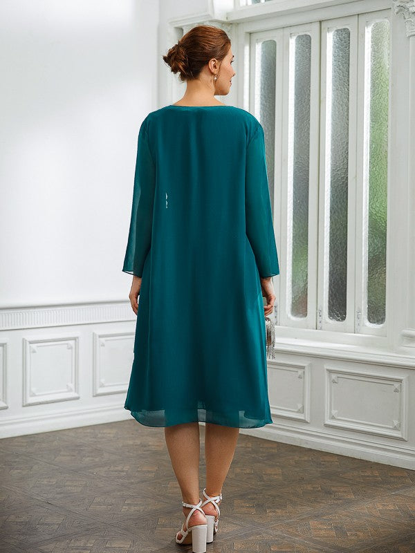 Vestidos para madre de la novia de corte A/princesa, de gasa, fruncidos, escote en V, mangas cortas y largo hasta la rodilla