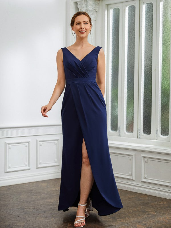 Sheath/Column  Crepe Ruched V-neck Sleeveless Floor-Length Mother of the Bride Dresses