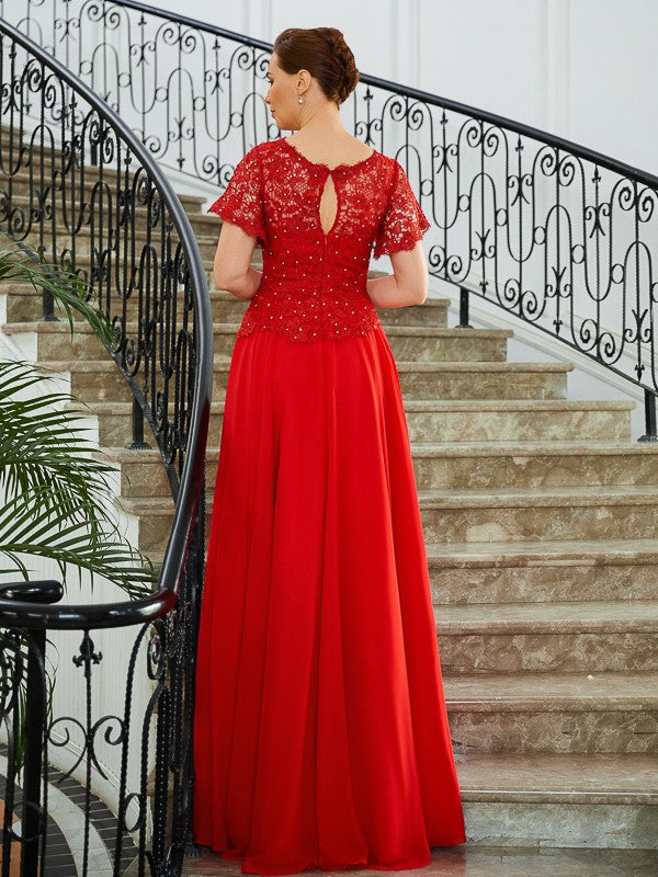 Vestidos para madre de la novia de corte A/princesa, de gasa, con apliques, escote redondo, mangas cortas y cola larga